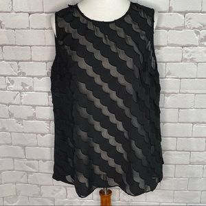 DKNY Black Scallop Chiffon Sheer Sleeveless Top